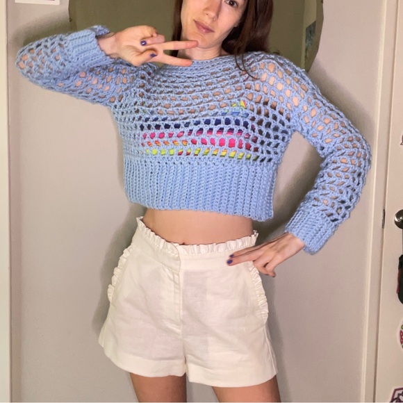 Sold 9/4/24 live Baby Blue Hand Crochet Cropped Sweater Top - Picture 5 of 7